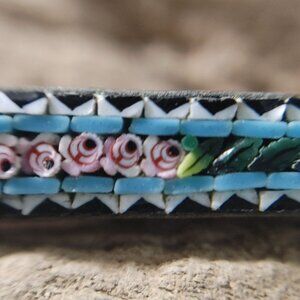 Antique Micro Mosaic Floral Bar Brooch Pin Gold Tone Italy Handmade Jewelry